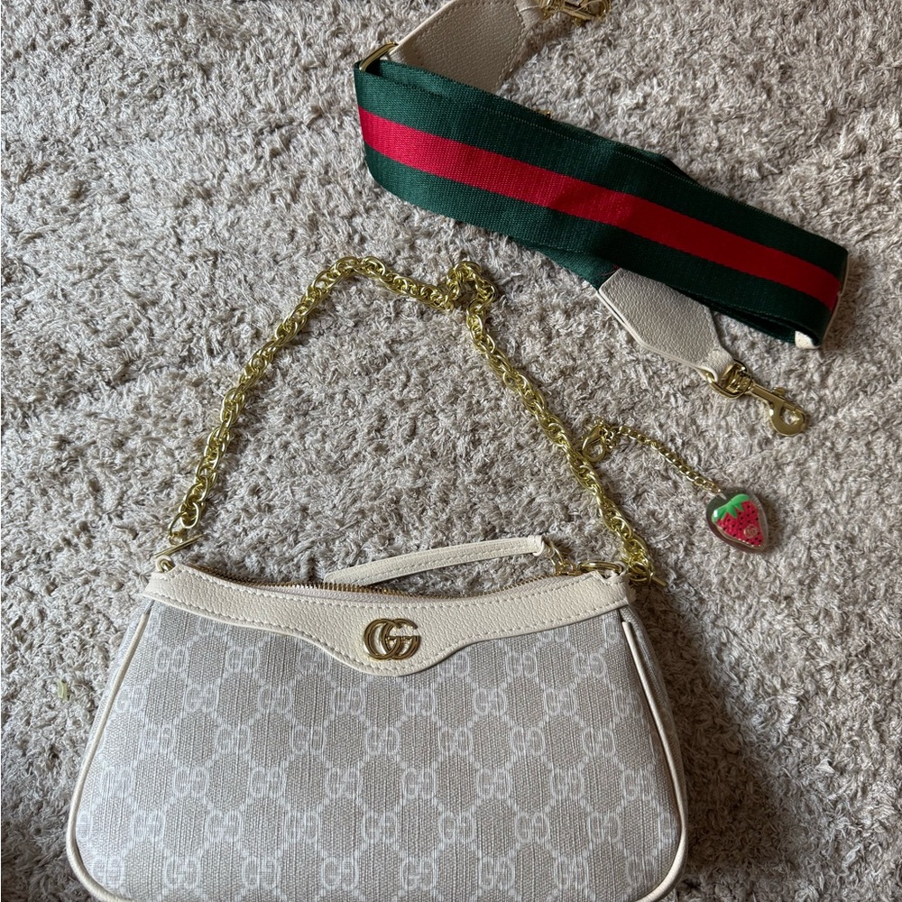 Cream and Gray Shoulder Bag with Gold Accents